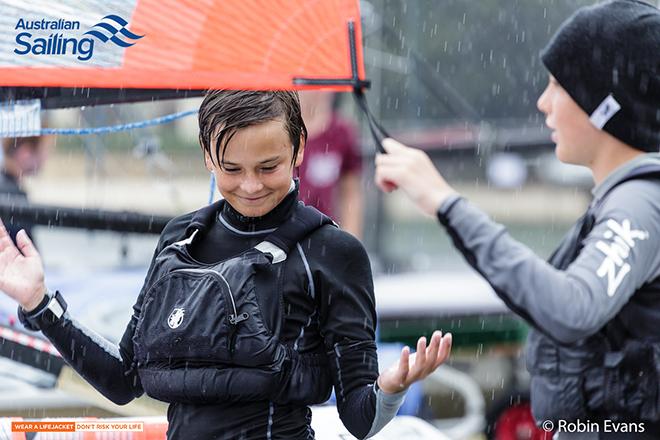John-Mark Paul 29er Skipper derigging in the rain at Woollahra Sailing Club © Robin Evans